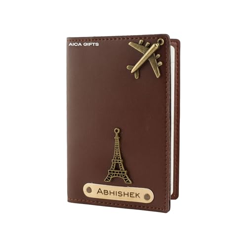 Image of AICA Personalised Name & Charm Leather Passport Cover Holder for Men & Women (Darkbrown) | Gifts for Men
