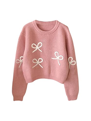 Image of BEAUDRM Girl's Cute Bow Sweater Crew Neck Long Sleeve Drop Shoulder Loose Pullover Tops