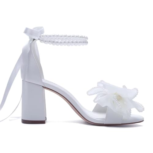 Pearl Wedding Shoes for Bride Block Heel Wedding Sandals Open Toe Bridal Shoes Bow Knot Heeled Sandals4