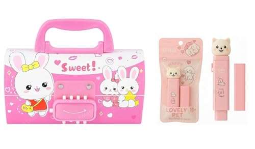 Image of Rabbit Pencil Box Set with Eraser, Lockable School Case | Cute rabbit pencil box with handle, lock design and push-pull eraser for organized school supplies.