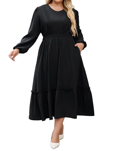Hanna Nikole Women Plus Size Long Sleeve Casual Dress 2025 Fall V Neck Pleated Flowy Tiered Maxi Dresses with Pockets
