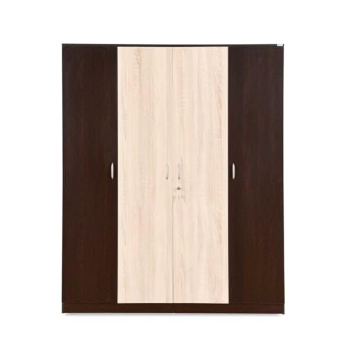 Image of Nilkamal Willy 4 Door Wooden Wardrobe Without Mirror for Bedroom | Almirah with 12 Shelves, 1 Hanging Rod, 1 Lockable Drawer | Clothes Cupboard | Engineered Wood | Wenge & Sonoma Oak