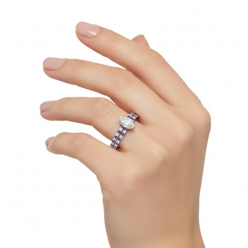 Image of Choose Your Gemstone Three Quarter Diamond CZ Gallery Bridal Ring Set 925 Sterling Silver Marquise Shape Wedding Ring Sets for WomenUS Size 4 to 12