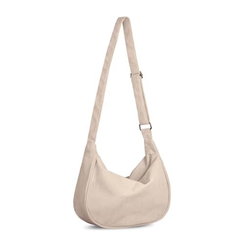 FITDON Halbmond Tasche Damen Crossbody Schultertasche, Hobo Casual Crossbody Bag Cord Umhängetasche mit verstellbarer Schultergurt, Beige