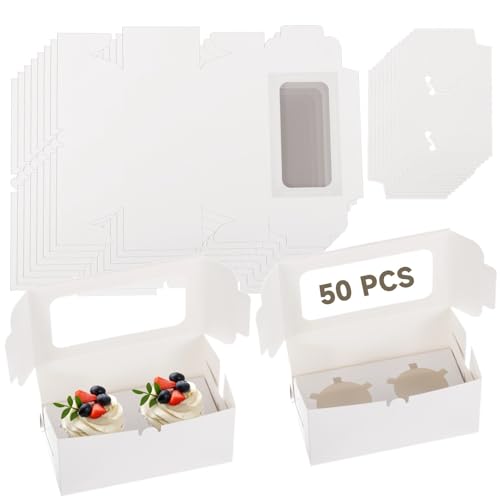 50 White Paper Cupcake Boxes with Clear Windows, Dual Tray Design for Safe Transport, Ideal for Baked Goods, Pastry & Dessert Packaging
