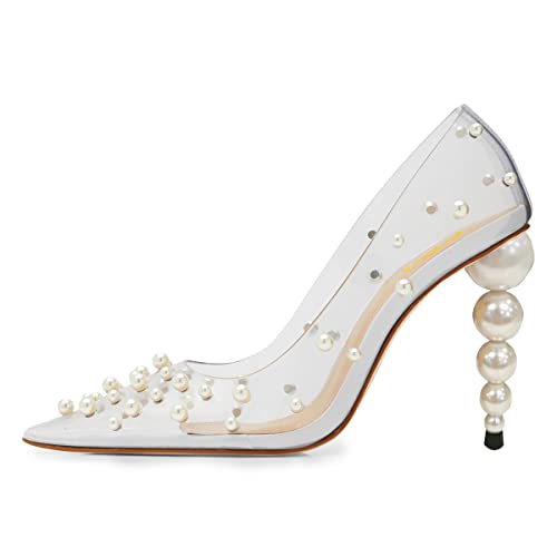 FSJ Women Sexy Pearls Transparent Pointed Toe Pumps High Heel with Pearls Slip On Formal Party Dress Wedding Shoes Size 4-15 US2