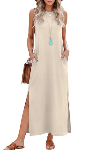 RUMIA Casual Dresses for Women Sleeveless Summer Long Tank Dress Formal Dress with Pockets Beige M