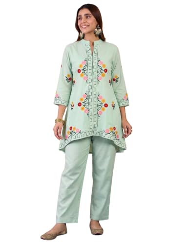 Image of ANNI Designer Women Kurta Set | Cotton Embroidered A-Line Kurta with Pant Co-ord Set | 3 /4 Sleeve Mandarin Collar Kurti Set for Women | Daily Office Party Wedding Ethnic Suit