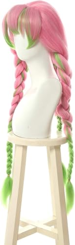 Nuoqi Mitsuri Cosplay Wig Kanroji Mitsuri Wig 3 Braided Hair Womens Pink Green Cosplay Wigs Halloween