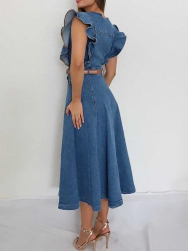 utcoco Denim Dress for Women 2025 Sleeveless Half Button Ruffle A Line Midi Jean Dresses (No Belt)3