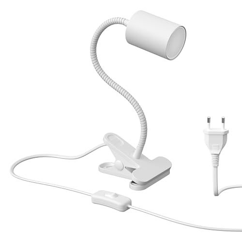 ledscom.de Klemmleuchte WAIKA Schwanenhals Schalter weiß matt + LED Lampe warmweiß 3-Stufen Dimmen 500lm