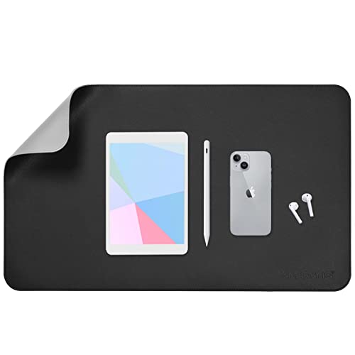 Image of AROPANA Vegan Leather Desk Mat | Large Reversible Mouse Pad & Computer Table Protector | Dual-Side Waterproof Extended Laptop Pad with Edge-Stitched Design (60x35CM, Black and Grey)