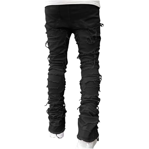 Firzero Men's Denim Pants Zippered Straight Leg Trousers Elastic Patchwork Slim Fit Jean Y2K Style Trousers with Pocket3