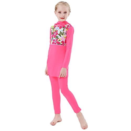 Muslim Swimsuits For Girls Kids: Bathing Suits Modest Swimwear Islamic Long Sleeve Burkini Swimsuits Dress Full Cover Hijab Swimming Cap Top Pants Rash Guard Tankini Set # Pink Flower - Long 5-6X #TOP5