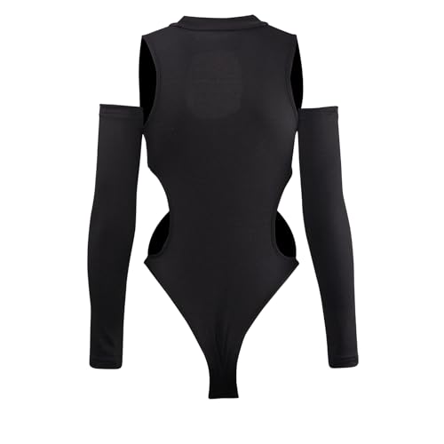 Women Sexy Cut Out Mock Neck Bodysuit Slim Fit Sleeveless Leotard Jumpsuits Top with arm sleeves Club Outfits4
