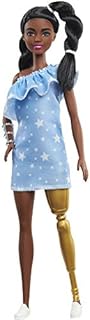 Barbie Fashionistas Doll #146 with 2 Twisted Braids & Prosthetic Leg Wearing Star-Print Dress, White Shoes & Arm Bracelet, Toy for Kids 3 to 8 Years Old