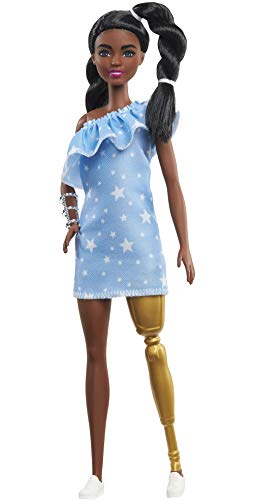 Barbie GYG09 - Fashionistas Puppe 146 (schwarzhaarig) mit Beinprothese, 2 gedrehten Zöpfen und Kleid mit Sternenmuster…