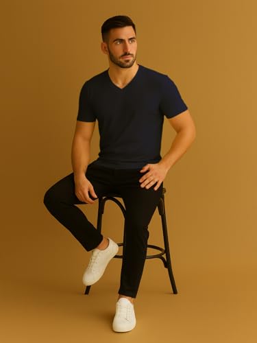 Image of Friskers Men's V-Neck Short Sleeves Cotton T-Shirt - Casual T-Shirt, Regular Fit