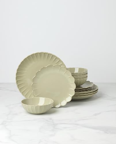 Image of Lenox Stoneware Dinnerware Sets, French Perle Scallop Matcha 12-Piece Dinnerware Set, Service For 4, Green Dishes Set for 4, Dishwasher Safe, Stoneware Dinner Plates and Bowls Sets (Green, 12 Piece)