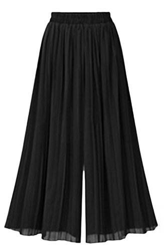 Yacun Femme Pantalons Jupe-Culotte De La Mousseline Pantalon À Plis Élastique Taille Haute Noir XL Cover