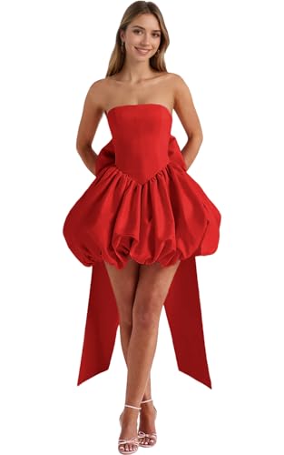 Satin Strapless Homecoming Dresses for Teens Short Pleated Prom Dress Puffy Flower Bud Cocktail Party Gown with Bow