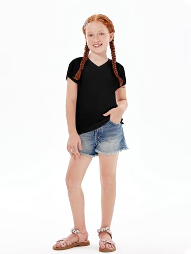Image of Haloumoning Girls V Neck T-Shirts Kids Summer Swiss Dot Short Sleeve Tops Cute Fashion Tees 5-14 Years