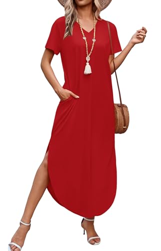 Image of WIHOLL Women's Summer Short Sleeve Dresses Maxi Dress Vacation Beach Sundresses 2026 with Pockets