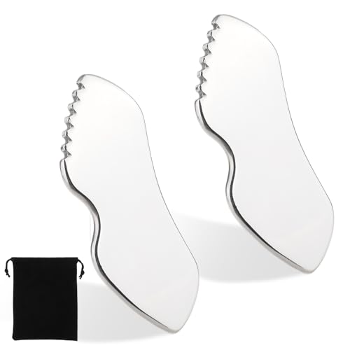 Molain 2Pcs Stainless Steel Gua Sha Facial Tools Metal Detail Gua Sha Stone Body Lymphatic Drainage Massager Face Guasha Face Sculpting Tool Skin Care with Gift Pouch Mother's Day Gifts