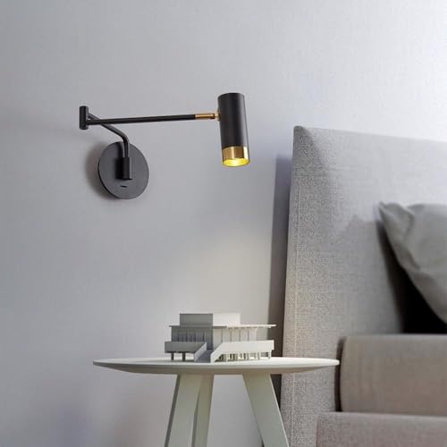 Aplique de pared industrial vintage con brazo oscilante, de metal nórdico, negro, dorado y blanco, luz de lectura, brazo largo ajustable, estilo granja de mediados de siglo, para dormitorio, cabecer