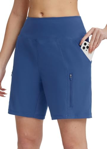 BALEAF 7 Inch Long Shorts for Women High Waisted Athletic Bermuda Shorts Workout Hiking Golf Zipper Pockets UPF 50+