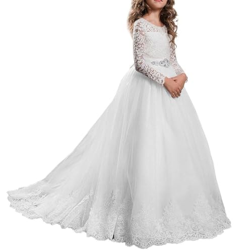 Long Flower Girls Puffy Tulle First Communion Dress Long Sleeve Dresses Wedding Ball Gowns WT14