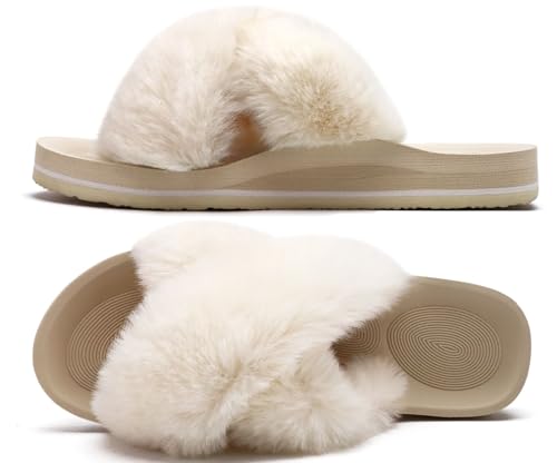Image of COFACE Womens Fuzzy Slides Fluff Faux Fur Cross Slippers Open Toe Yoga Mat House Slipper Sandals With Arch Support For Indoor /Outdoor