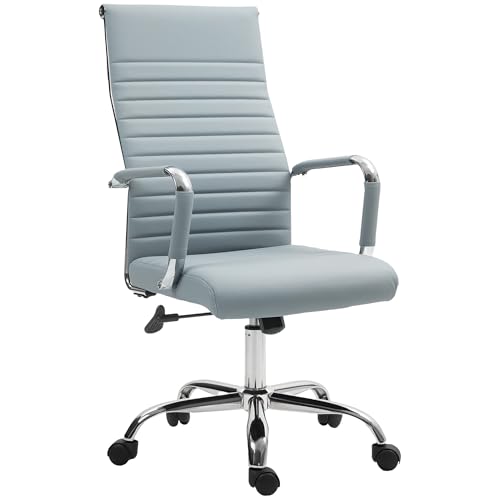 Vinsetto Silla de Escritorio Giratoria Silla de Oficina con Respaldo Alto Ruedas Giratorias Altura Ajustable Función Basculante y Reposabrazos Tapizado en Cuero Sintético Gris Claro