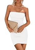 PRETTYGARDEN Summer Dresses for Women 2025 Strapless Off Shoulder Ribbed Knit Bodycon Elegant Classy Trendy Mini Beach Dress (Beige White,Small)