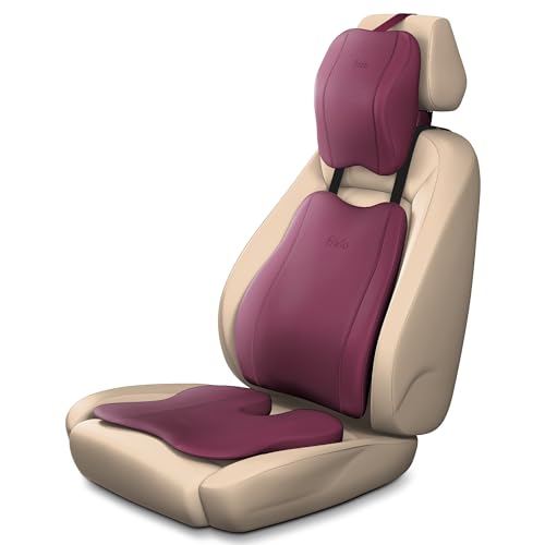 Image of Frido Premium Car Comfort Bundle with Memory Foam Neck Rest, Lumbar Backrest and Wedge Seat Cushion Set of 3, Ergonomic Neck Back and Tailbone Support for Long Drives and Daily Commutes | Maroon
