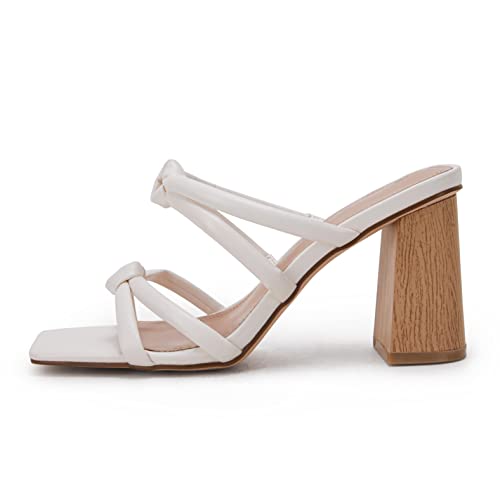 Image of LAICIGO Womens Chunky Block Heels Sandals Square Open Toe Slip on Slides | 3.5In-High Heeled Sandals, Double Knot Strap, Summer Dress Shoes, Work Casual, Vacation, Party