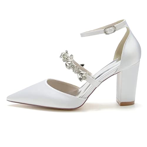 Satin Rhinestones Wedding Shoes for Bride Block Heel Pointed Toe Bridal Heels Women Dress Shoes Pumps3