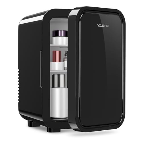 Image of YASHE Mini Fridge, 6 Liter /8 Can 110V AC /DC Portable Thermoelectric Cooler Refrigerators for Bedroom, Skincare, Beverage, Office, Dorm Room and Car, Black