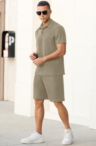 PrinStory Men's Summer Outfits Waffle Knit Polo Shirt and Shorts Set 2 Pieces Casual Tracksuit with Pockets4