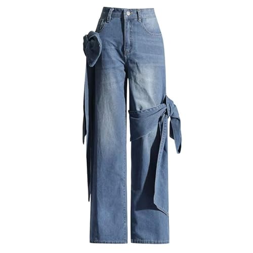 HGps8w Women's Chic Huge Bow Tie Straight Leg Jeans High Waisted Stretchy Lightweight Denim Pants with Pockets2