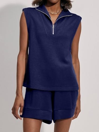 Glamaker Women\'s Two Piece Sets Vacation Sweatsuits Quarter Zip Casual Sleeveless Short Outfits Fall V-Neck Tracksuit(Dark Blue,Medium) - Thumbnail 5