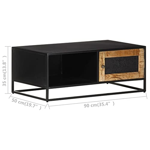Table basse en bois sculpté à la main et cadre industriel noir