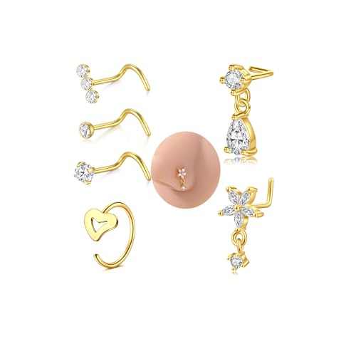 VFUN 20G Dangle Nose Ring L Shaped Dangling Nose Stud for Women Stainless Steel Nose Ring Studs Cz Flower Dangle Nose Rings Hoops Nose Piercing Jewelry