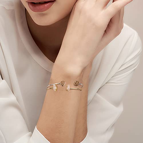 Lauren-Spencer Open Cuff Bracelet For Women Silver Gold Plated Gemstone Charm Cat Eye Stone Rose Quartz Bracelet Adjustable Stackable Bangle Bracelets For Women Girls Jewelry Gift (Gold-Created Rose Quartz) #TOP2