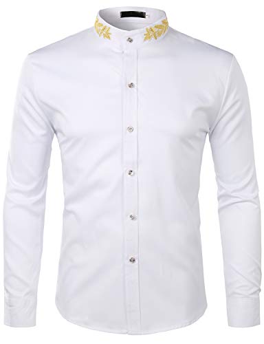 ZEROYAA Mens Hipster Gold Embroidery Mandarin Collar Slim Fit Long Sleeve Casual Dress Shirts