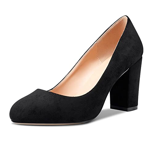 HDEUOLM Women Chunky Block High Heel Close Round Toe Pumps Slip-on Wedding Office Cute Shoes 3 Inch Heels