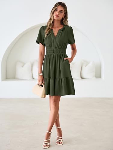 Image of Simplee Womens Casual Summer Dresses 2026 V Neck Short Sleeve Empire Waist Flowy A Line Ruffle Tiered Mini Sundress