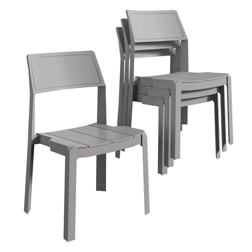VECELO Stackable Dining Chairs Set of 4, Plastic Patio Chairs for Indoor Outdoor Use in Kitchen, Poolside, Restaurant, No Assembly, Light Grey