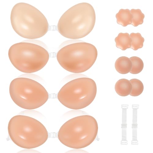 Adhesive Bra for Women Sticky Silicone Invisible Push up Bra,4 Pairs Adhesive Bras & 4 Pairs Nipple Covers