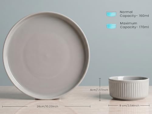 Image of Bodhi House 12-Piece Ribbed Porcelain Dinner Set for 6, 6 Dinner Plates & 6 Katori, Chip Resistant, Lightweight, Microwave & Dishwasher Safe Crockery Set for Home, Dining & Gifting, Pearl Grey